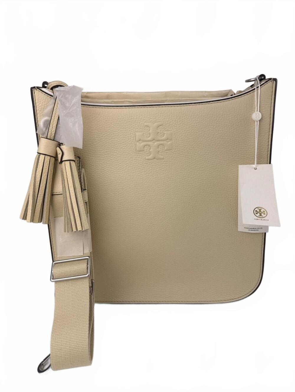 Tory Burch Thea Web Large Shoulder Bag New Cream Leather Tassel $449